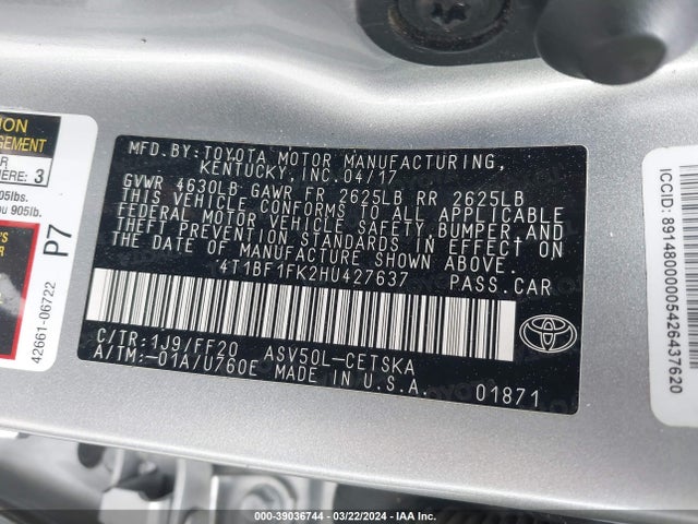 Toyota CAMRY SE 2017 4T1BF1FK2HU427637 Image 9
