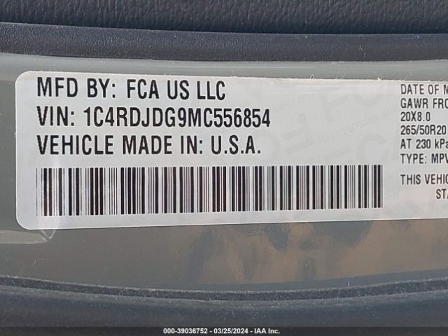 1C4RDJDG9MC556854 Dodge Durango Gt Plus Awd