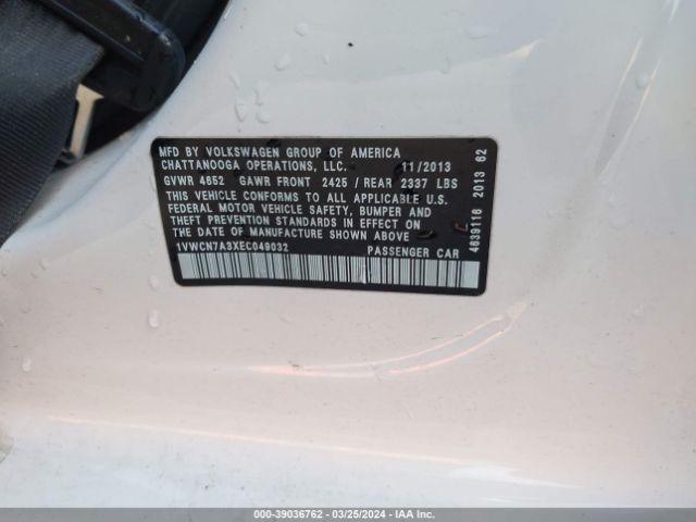1VWCN7A3XEC049032 Volkswagen Passat 2.0l Tdi Sel Premium