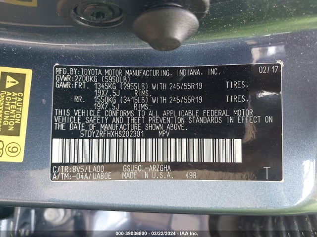 Toyota Highlander Limited 2017 5TDYZRFHXHS202301 Image 9