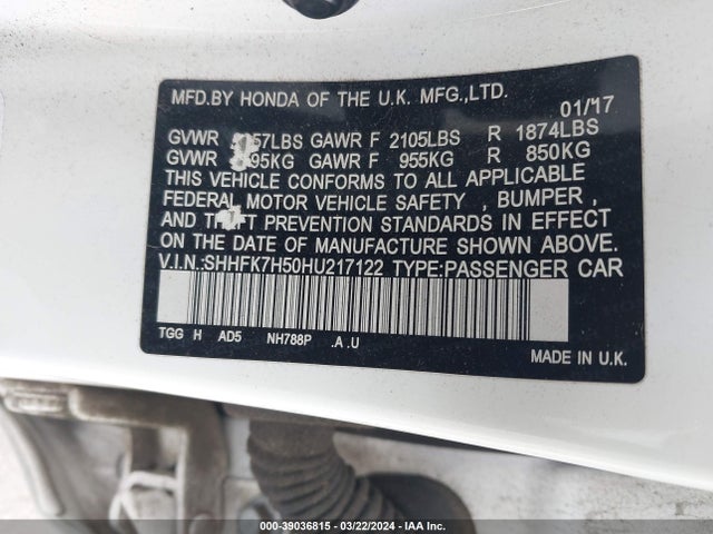 Honda CIVIC EX 2017 SHHFK7H50HU217122 Image 9