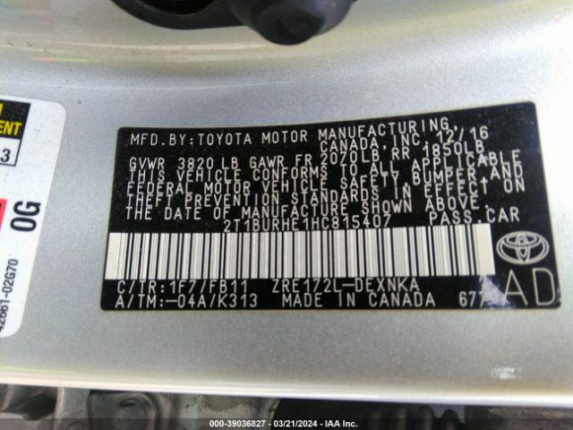 2T1BURHE1HC815407 Toyota COROLLA LE