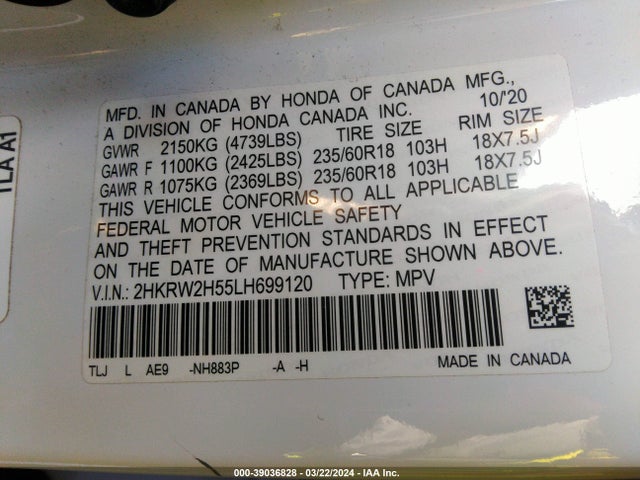 Honda Cr-v Awd Ex 2020 2HKRW2H55LH699120 Image 9