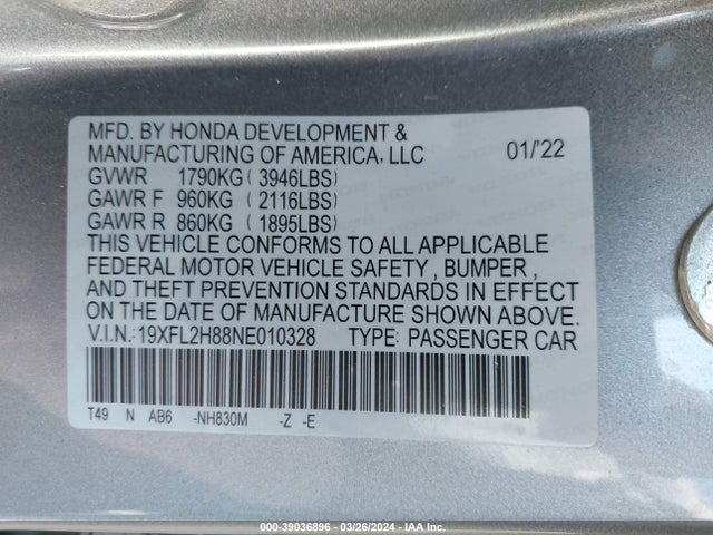 Honda Civic Sport 2022 19XFL2H88NE010328 Image 9