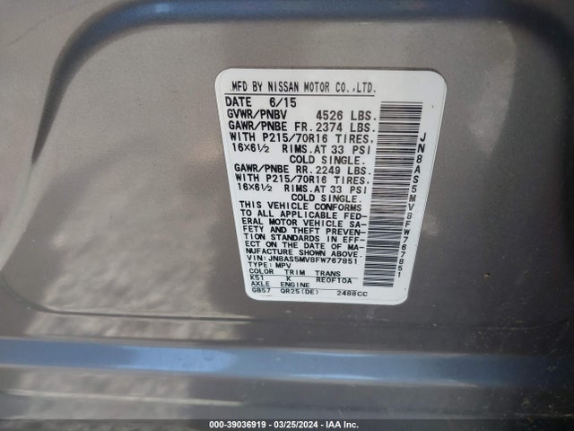 Nissan Rogue Select S 2015 JN8AS5MV8FW767851 Image 9