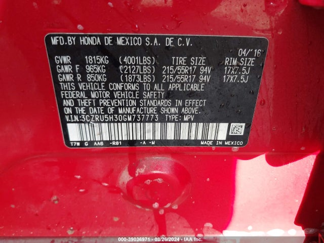 Honda HR-V LX 2016 3CZRU5H30GM737773 Image 9