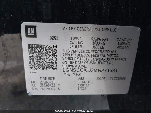 Chevrolet Suburban 2wd Lt 2021 1GNSCCKD2MR271331 Image 9