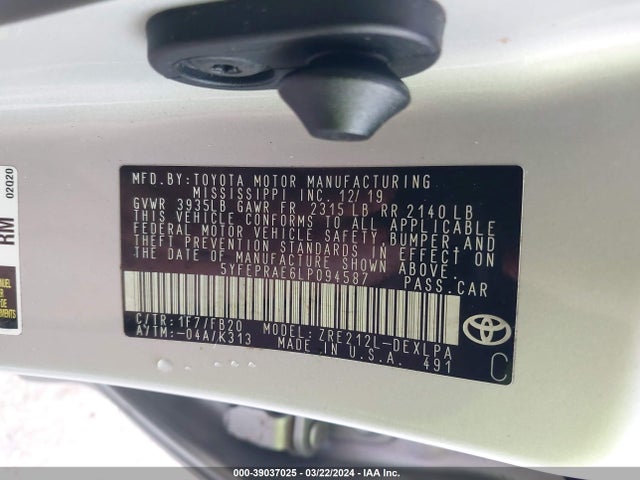 Toyota COROLLA LE 2020 5YFEPRAE6LP094587 Image 9