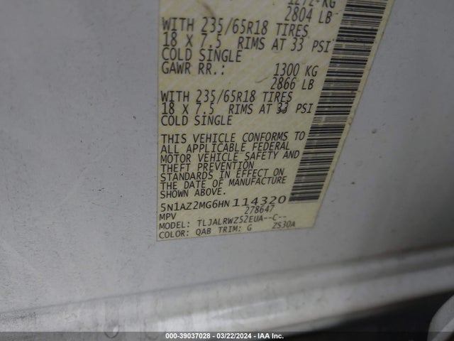 Nissan MURANO SL 2017 5N1AZ2MG6HN114320 Image 9