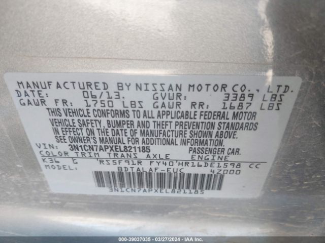 3N1CN7APXEL821185 Nissan Versa 1.6 S