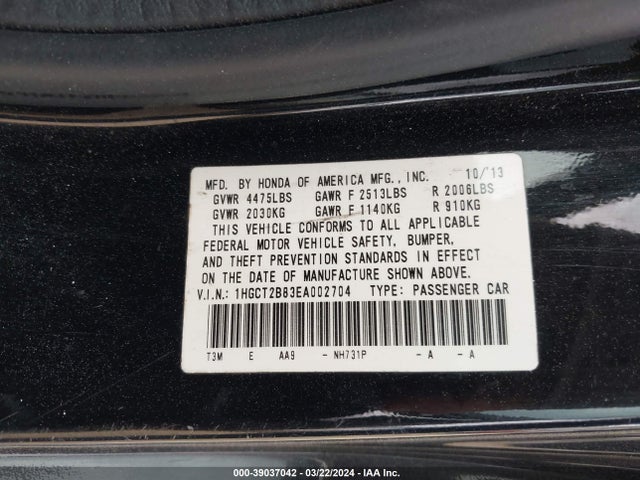 Honda Accord Ex-l V-6 2014 1HGCT2B83EA002704 Image 9