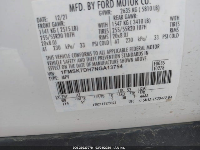 Ford EXPLORER XLT 2022 1FMSK7DH7NGA13754 Image 9