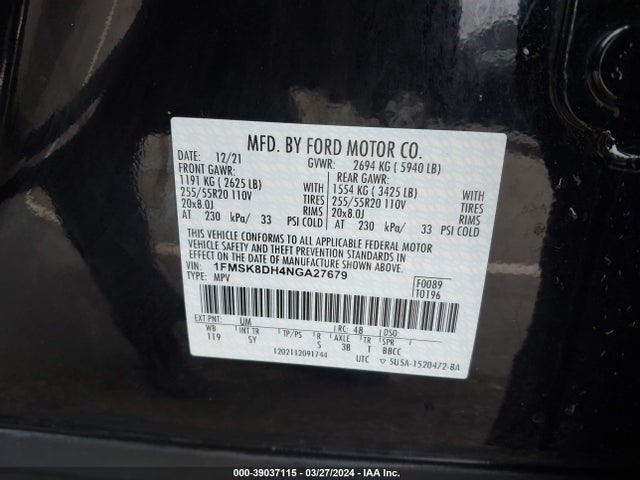 Ford EXPLORER XLT 2022 1FMSK8DH4NGA27679 Image 9