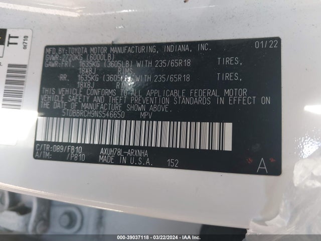 5TDBBRCH9NS546650 Toyota Highlander Hybrid Le