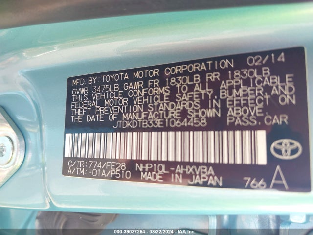 Toyota Prius C One 2014 JTDKDTB33E1064458 Image 9