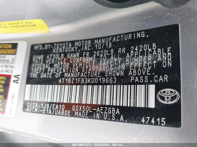 Toyota AVALON XLE 2019 4T1BZ1FB3KU019663 Image 9