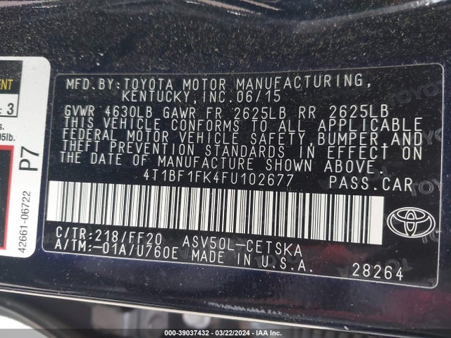 Toyota CAMRY SE 2015 4T1BF1FK4FU102677 Image 9