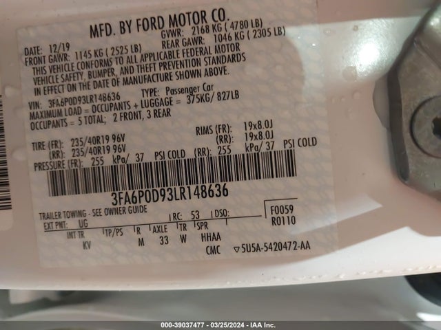 Ford Fusion Titanium 2020 3FA6P0D93LR148636 Image 9