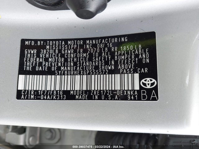 Toyota COROLLA LE 2016 5YFBURHEXGP555572 Image 9