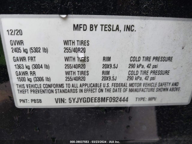 2021 TESLA MODEL Y 5YJYGDEE8MF092444 Photo 8