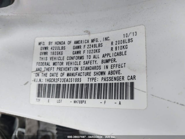 Honda ACCORD LX 2014 1HGCR2F33EA051995 Image 9