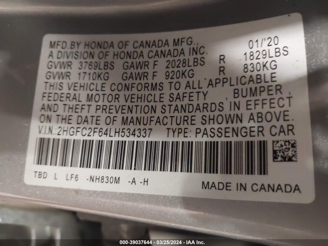 Honda Civic Lx 2020 2HGFC2F64LH534337 Image 9