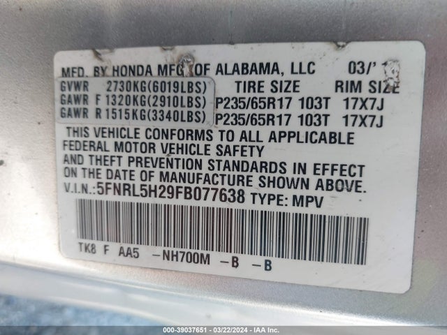 Honda ODYSSEY LX 2015 5FNRL5H29FB077638 Image 9