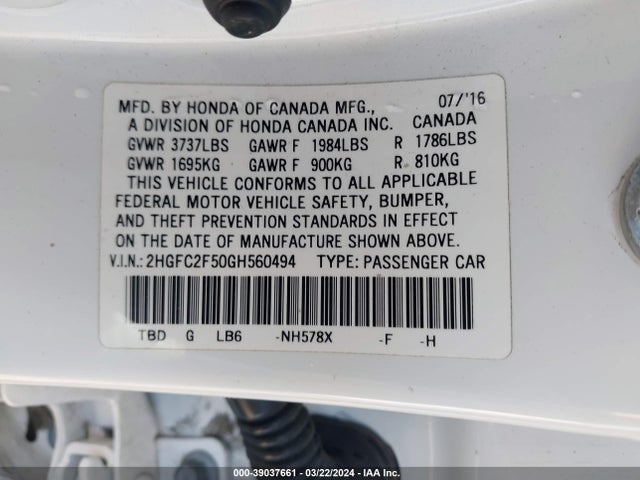 Honda Civic Lx 2016 2HGFC2F50GH560494 Image 9