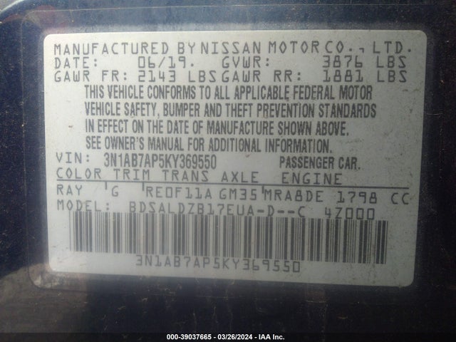 Nissan SENTRA SV 2019 3N1AB7AP5KY369550 Image 9