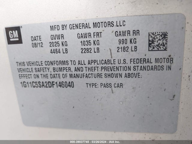 Продажа на аукционе авто 2013 Chevrolet Malibu 1lt, vin: 1G11C5SA2DF146040, номер лота: 39037745