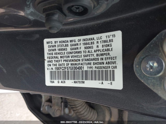 Honda Civic Lx 2016 19XFC2F57GE004001 Image 9