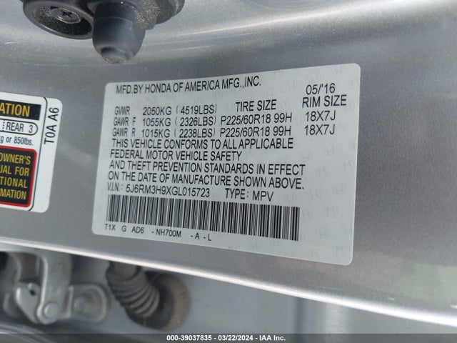 Honda Cr-v Touring 2016 5J6RM3H9XGL015723 Image 9