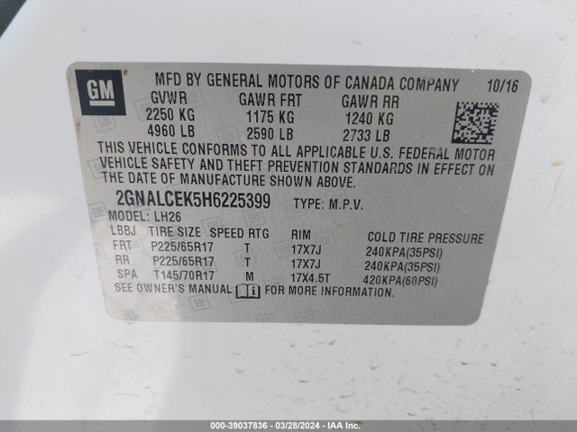 Chevrolet EQUINOX LT 2017 2GNALCEK5H6225399 Image 9