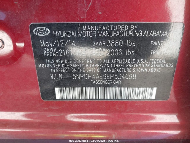 Hyundai ELANTRA SE 2014 5NPDH4AE9EH534698 Image 9