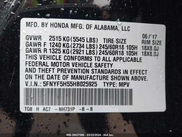 Honda Pilot Ex-l 2017 5FNYF5H55HB025925 Image 9