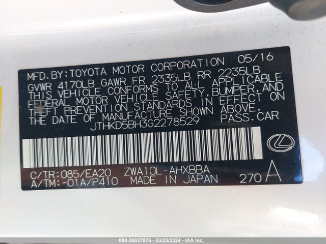 Lexus CT 200H 2016 JTHKD5BH3G2278529 Image 9