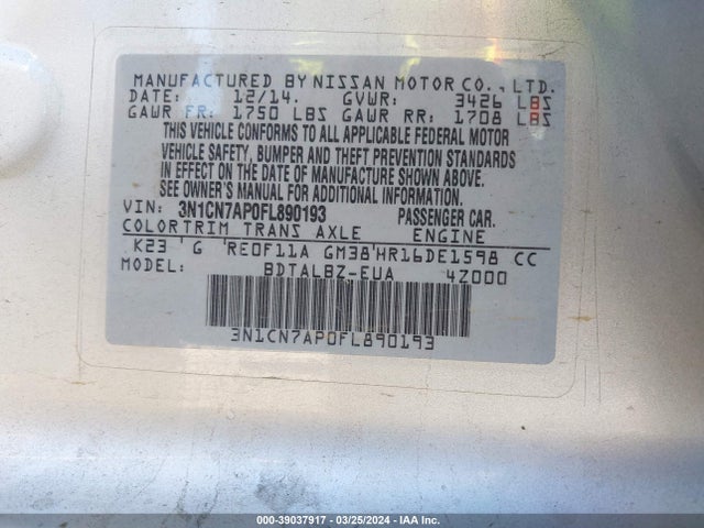 Nissan Versa 1.6 Sv 2015 3N1CN7AP0FL890193 Image 9