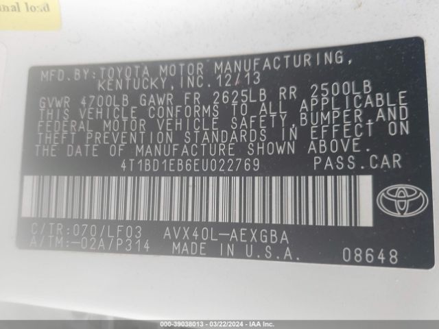 4T1BD1EB6EU022769 Toyota Avalon Hybrid Xle Premium