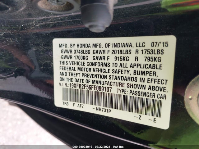 Honda Civic Lx 2015 19XFB2F56FE089107 Image 9