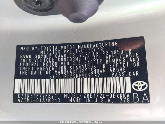 Toyota COROLLA LE 2019 5YFBURHE9KP902592 Image 9