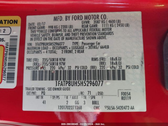 1FATP8UH5H5296077 Ford Mustang Ecoboost Premium