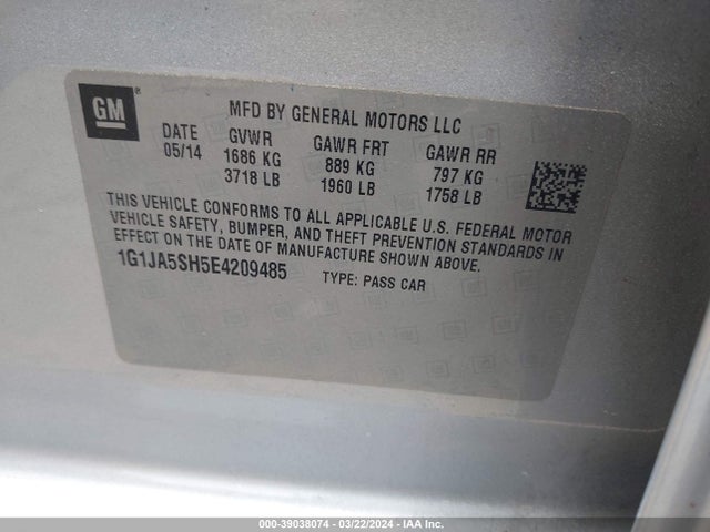 Chevrolet Sonic Ls Auto 2014 1G1JA5SH5E4209485 Image 9