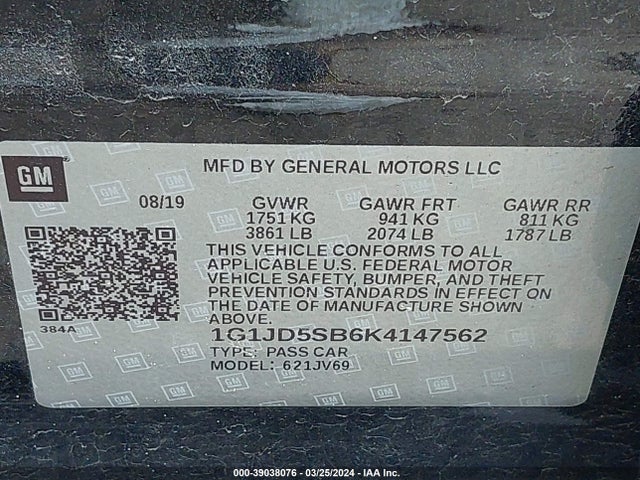 Chevrolet SONIC LT 2019 1G1JD5SB6K4147562 Image 9