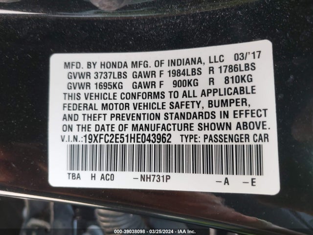 Honda Civic Lx 2017 19XFC2E51HE043962 Image 9