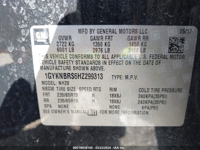 1GYKNBRS6HZ299313 Cadillac XT5 LUXURY