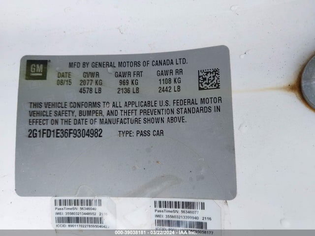 Chevrolet Camaro 1lt 2015 2G1FD1E36F9304982 Image 9