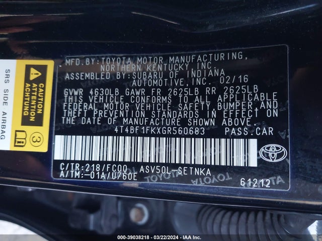 Toyota CAMRY LE 2016 4T4BF1FKXGR560683 Image 9