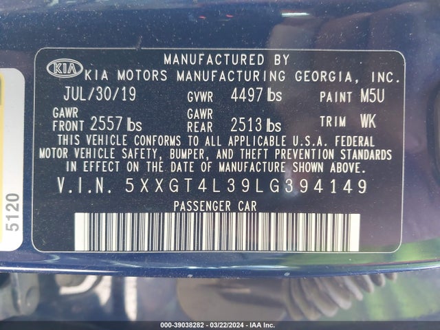 KIA Optima Lx 2020 5XXGT4L39LG394149 Image 9