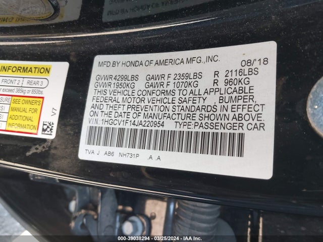 Honda ACCORD LX 2018 1HGCV1F14JA220954 Image 9