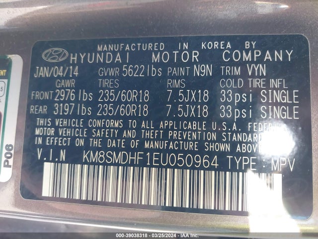 Hyundai Santa Fe Gls 2014 KM8SMDHF1EU050964 Image 9